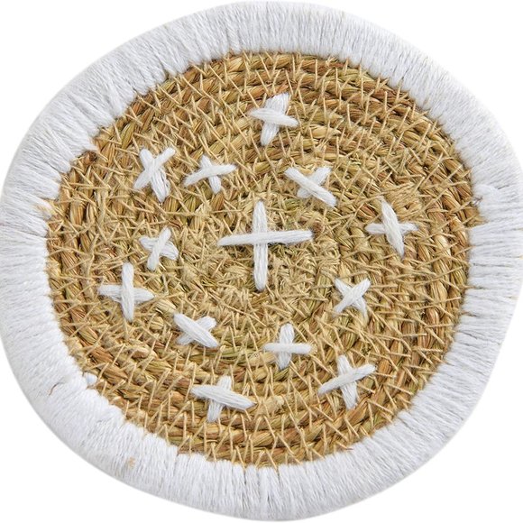 Bloomingville Round Hand-Embroidered Bohemian Seagrass, White Woven Coasters - Picture 5 of 7